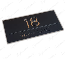 Load image into Gallery viewer, Matt Black Frost Modern Acrylic Rectangle House Sign Number &amp; Street Medium Size 280mm x 130mm