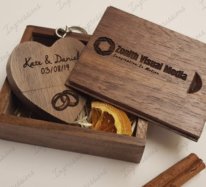Walnut Wooden Love Heart USB + Box Logo Engraved