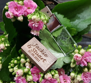 Crystal Block & Walnut Wood Wedding Photography Engraved USB Portable Flash Drive