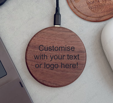 Personalised Logo Engraved Real Walnut Wood Round Wireless Charging Pad iPhone / Samsung