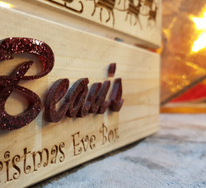 Personalised Wooden Christmas Eve Box Laser Engraved with Acrylic Green/Red Glitter Letters