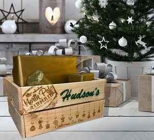 Personalised Wooden Christmas Eve Box Laser Engraved with Acrylic Green/Red Glitter Letters